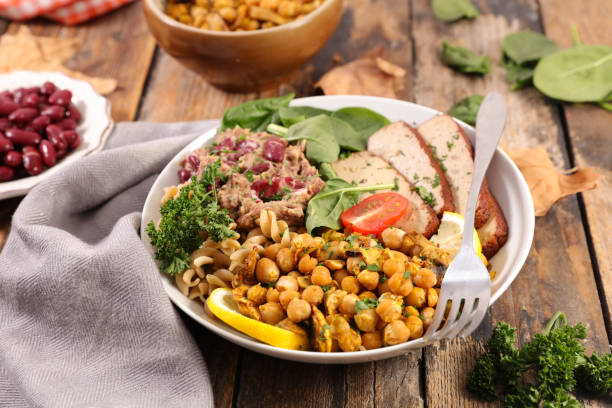 homemade vegan dish with tofu,  fried chickpea and red bean
