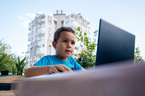 Apartments in the background. The boy sitting on the balcony of the house is in a blue t-shirt. The boy is 5 years old. He is quite cheerful. There are many plants on the balcony. The sky is clear. The boy spends time alone on the laptop.The boy is very cheerful looking at the screen.