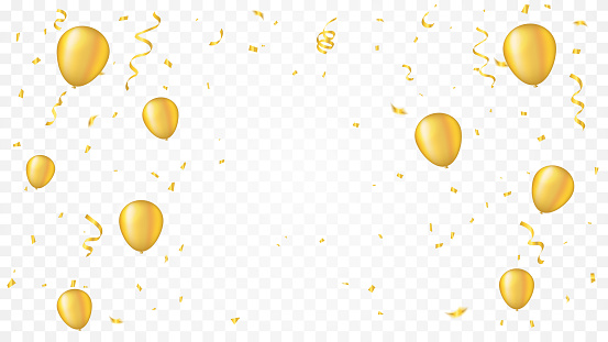 Golden Tiny Confetti And balloon With Streamer Ribbon Falling On Transparent Background. Vector Illustration