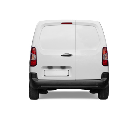 White van from behind with a blank license plate, isolated on white background