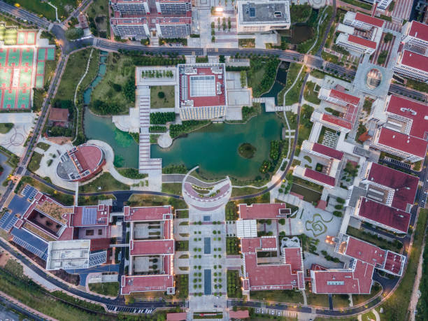 istock Top view of campus buildings and artificial lakes 1500369450