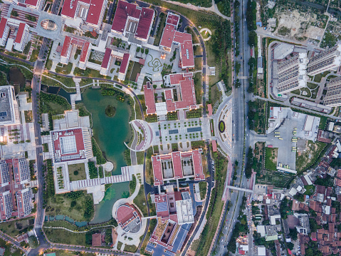 A bird's-eye view of the buildings and roads in the university town