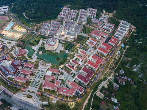 Top view of campus buildings and artificial lakes