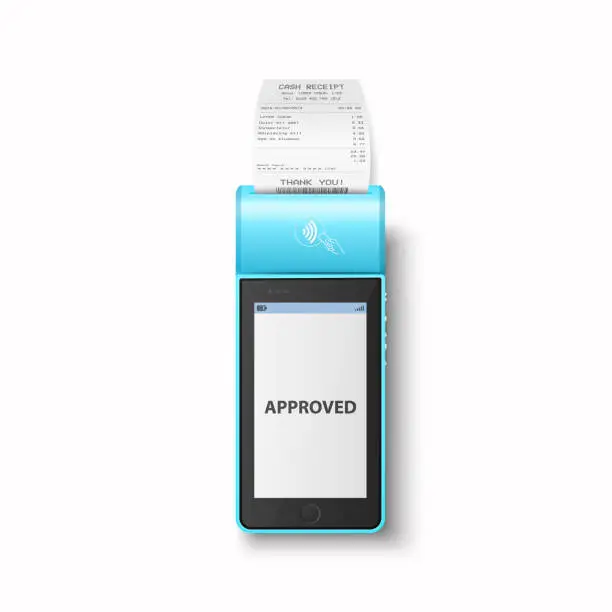 Vector illustration of Vector 3d Blue NFC Payment Machine with Approved Status and Paper Receipt, Bill. Wi-fi, Wireless Payment. POS Terminal, Machine Design Template of Bank Payment Contactless Terminal, Mockup. Top View