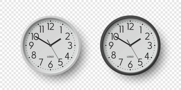 wektorowy 3d okrągły zegar biurowy z białym zegarem zbliżenie izolowany. zegarki, szablon projektu, makieta do brandingu, reklama. wektorowe proste minimalistyczne zegary, zegarki z przodu - clock wall clock face clock hand stock illustrations