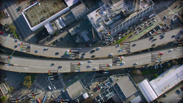 Aerial view of traffic in a major highway. Artificial intelligence interface showing ID, speed, color and type of car. Surveillance concept. Deep learning. Computer vision.