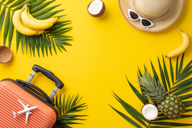istock Feel vacation spirit. Overhead shot featuring suitcase, miniature plane, beach essentials, glasses, hat, palm leaves, exotic fruits against lively yellow backdrop with space for text or promo content 1500376503