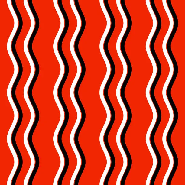 Vector illustration of Vector seamless patterns with vertical black and white waves on a red background.