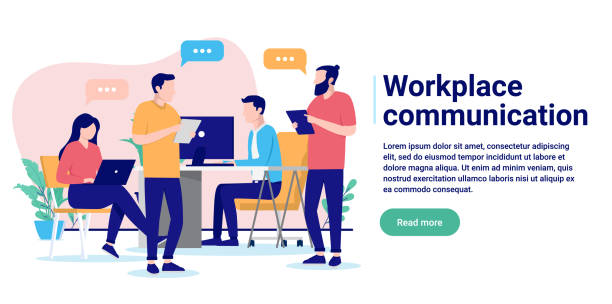 Workplace communication People in office working, talking and having dialogue together. Flat design vector illustration with white background and copy space for text four people office stock illustrations