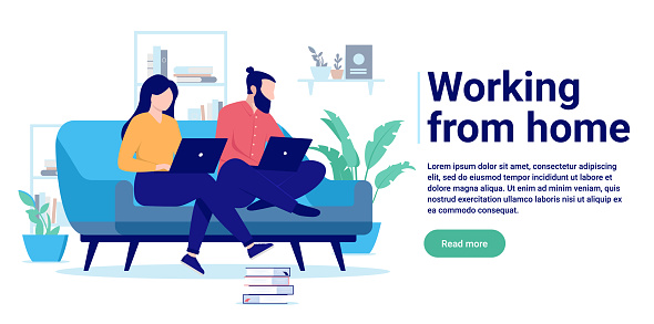 Couple with computers sitting in sofa doing work remotely online. Flat design vector illustration with copy space for text and white background