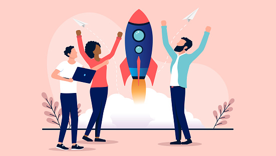 People launching rocket up in air in office cheering and celebrating success. Flat design vector illustration