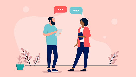 Dialogue between businesspeople standing with speech bubbles in air. Flat design vector illustration