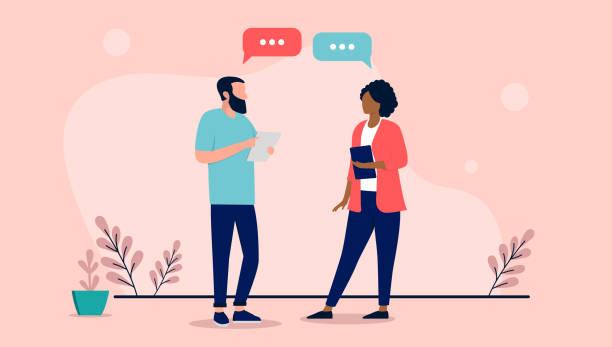 Two people talking and having conversation Dialogue between businesspeople standing with speech bubbles in air. Flat design vector illustration review stock illustrations