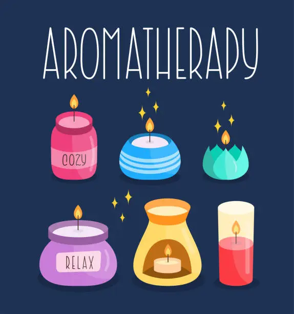 Vector illustration of Lighted Aroma Candles Cartoon Collection. Comfort Theme, Home Design, Aromatherapy and Romance Elements. Candle Colorful Drawn Vector Set.