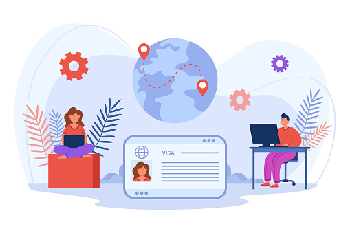 Male and female tech workers getting visa vector illustration. Document for international employees, planet with location pins, visa application for work. Visa, traveling, career concept