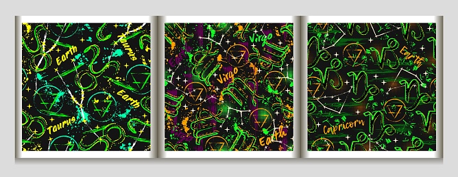 Patterns with zodiac sign Taurus, Virgo, Capricorn constellation, text, paint splatter, brush strokes, alchemical triangle symbol of Earth element Grunge style for sport goods, prints, surface design