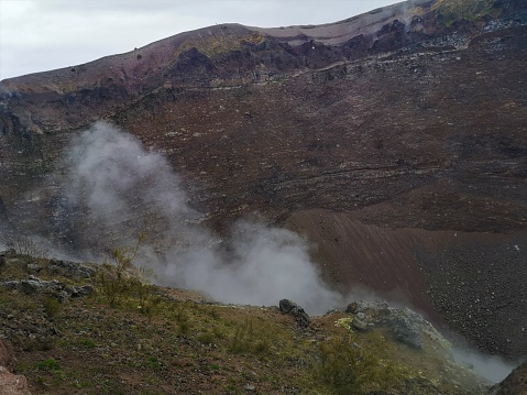 A view of the impressive crater and rim on Mount Vesuvius in Italy.