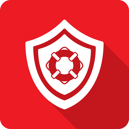 Vector illustration of a shield with life saver ring icon against a red background in flat style.