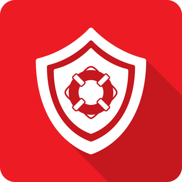Shield Lifesaver Icon Silhouette Vector illustration of a shield with life saver ring icon against a red background in flat style. rescue stock illustrations