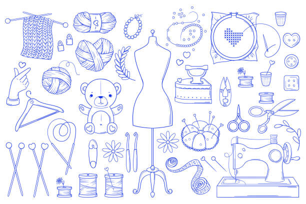 illustrazioni stock, clip art, cartoni animati e icone di tendenza di fatto a mano. set di elementi blu brillante monocromatici per cucire e lavorare a maglia in stile doodle. isolato su sfondo bianco - iron beads illustrations