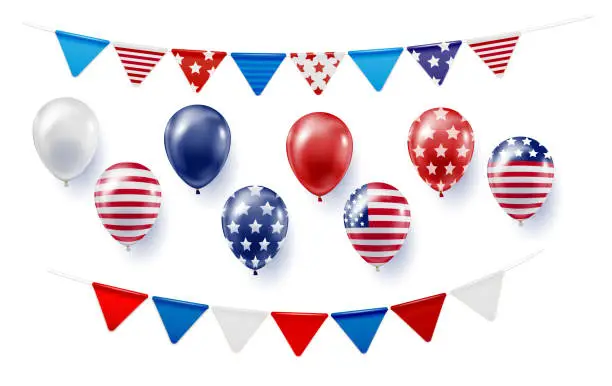 Vector illustration of Set of realistic balloons, flags with USA flag.