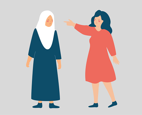 Woman blames and accuses a woman with hijab. Muslim female feeling sad due to abuse and harassment. Stop violence and bullying. Concept of verbal assault, discrimination and stereotype. Vector stock.