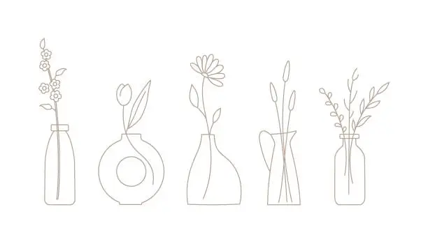 Vector illustration of Set of outline flowers, twigs in ceramic vases. Bouquet vector illustration for card, story, web, banner.