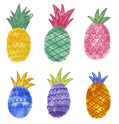 Watercolor Colorful Pineapples On A White Background