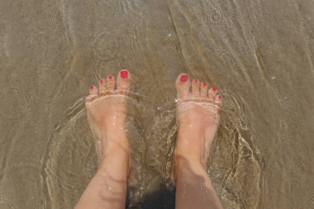 istock Women's feet stand on a sandy beach on a summer day. 1500395714