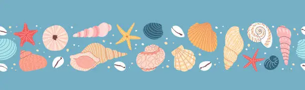 Vector illustration of Seashell and starfish seamless stripe. Vector horizontal border. Blue background. Marine pattern. Flat cartoon style. Summer tropical beach shells.