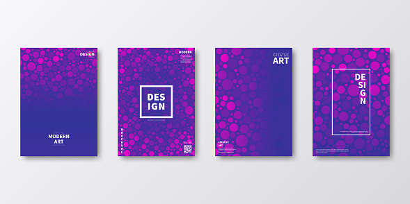 Set of four vertical brochure templates with modern and trendy backgrounds, isolated on blank background. Abstract geometric illustrations with lots of circles of different sizes, looking like bubbles. Beautiful color gradient (colors used: Pink, Purple, Blue). Can be used for different designs, such as brochure, cover design, magazine, business annual report, flyer, leaflet, presentations... Template for your own design, with space for your text. The layers are named to facilitate your customization. Vector Illustration (EPS file, well layered and grouped). Easy to edit, manipulate, resize or colorize. Vector and Jpeg file of different sizes.
