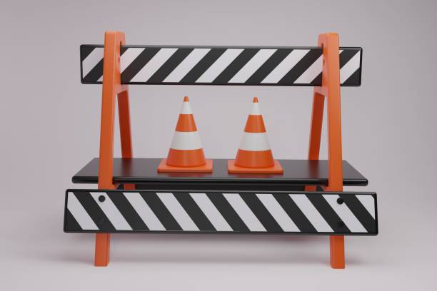 istock 3d render two traffic cone with safety Road barrier. Striped traffic obstacle isolated on white background. Work zone safety on highway construction. Warning under construction sign. Vector realistic illustration 1500401077