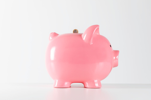 Side view of pink piggy bank with a coin in front of white  background.