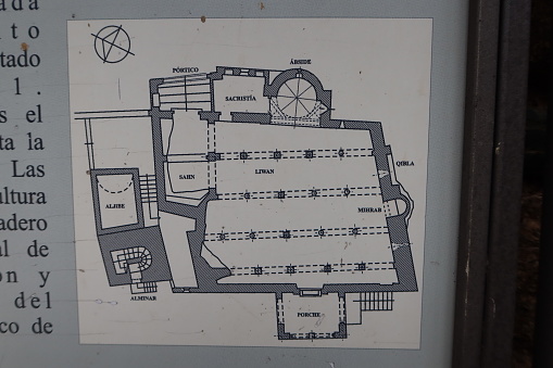 Almonaster la Real, Huelva, Spain, June 21, 2023: Sign with a floor plan next to the 10th century Mosque of Almonaster la Real. Huelva, Spain