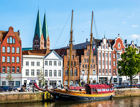 Lübeck, Germany - June 1: historic buildings at the old town of Luebeck - Schleswig-Holstein on June 1, 2023