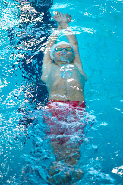 istock Swimmer boy swims backstroke swimming style in the pool 1500406059