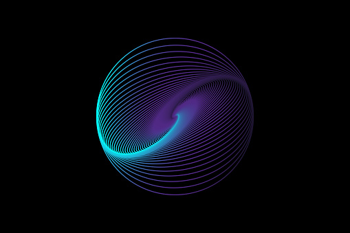 3D sphere design, elegant logo glowing circle. Abstract neon tunnel. Twisted lines. Spectrum Space tunnel in blue and purple vivid color. Vector illustration isolated on black background