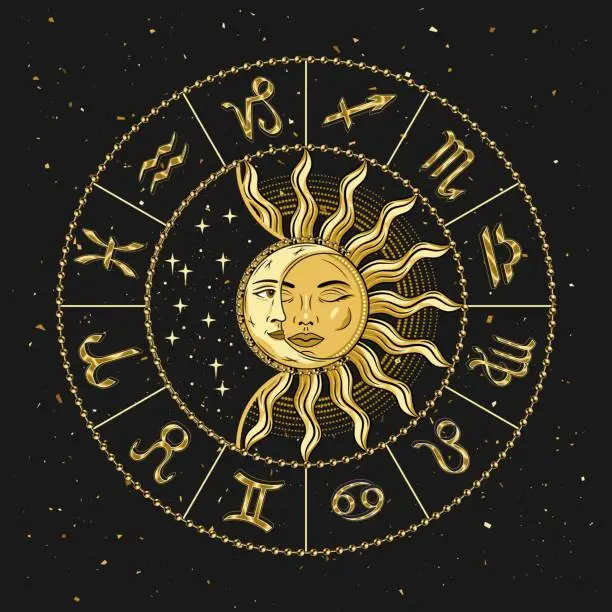 Vector illustration of Horoscope wheel with golden shiny zodiac signs, sun eclipse with crescent moon in centre. Mystical astrological illustration in vintage style.