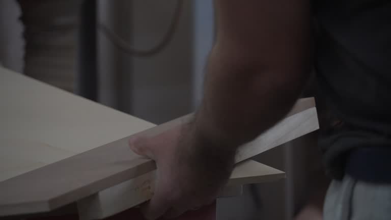 Repair home. Flooring installation a terrace. Carpenter draws a cutting line on wood plank.