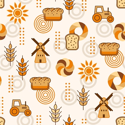 Bread, bakery themed background with icons, design elements in simple style. Seamless pattern with abstract shapes. Good for branding, decoration of food package, cover design, decorative print