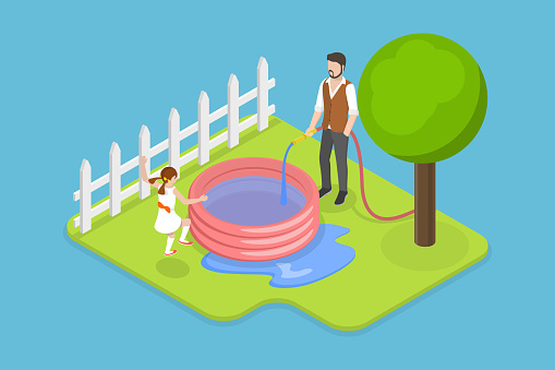 3D Isometric Flat Vector Conceptual Illustration of Kids Backyard Pool, Having Fun Outdoors