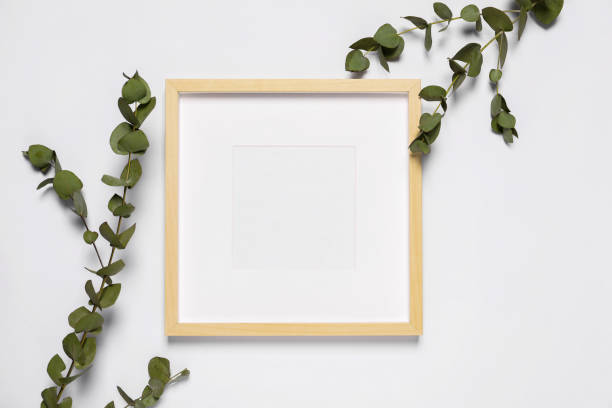 istock Empty photo frame and eucalyptus branches on white background, top view. Space for design 1500413909