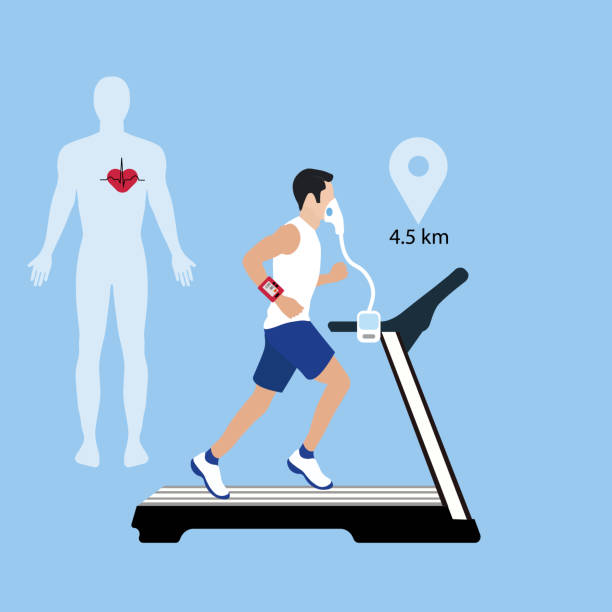 ilustrações de stock, clip art, desenhos animados e ícones de male athlete doing ekg and vo2 test on treadmill - taking pulse oximeter medical oxygen equipment human lung