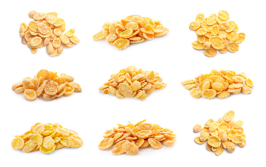 Piles of tasty corn flakes on white background, collage design