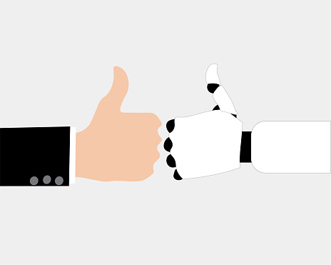 Robotic and human hand with thumbs up