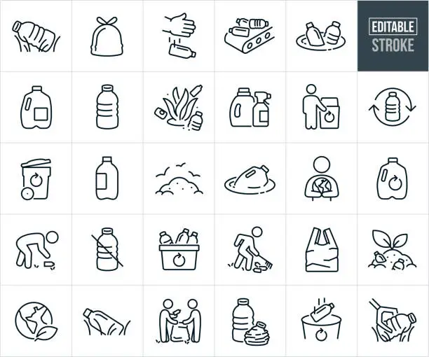 Vector illustration of Plastics, Plastic Pollution and Recycling Thin Line Icons - Editable Stroke
