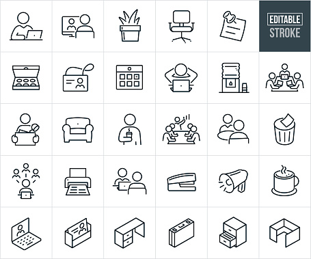 A set of office and office supplies icons that include editable strokes or outlines using the EPS vector file. The icons include a business person working in office at laptop, desktop computer, plant, office chair, note on wall with push pin, box of doughnuts, employee name badge, calendar, business person sitting at laptop computer with hands behind head, water cooler, office worker on desktop computer, group of business people seated at table working on laptop computers, office worker with box full of office supplies moving in, arm chair, businessman holding cup of coffee, business people in boardroom listening to boss give presentation, two business people seated at a table together, bullhorn, trash bin, business person on laptop on social media, office printer, business person being interviewed by hiring manager, stapler, cup of coffee, business card, office desk, brief case, filing cabinet and an office cubicle.
