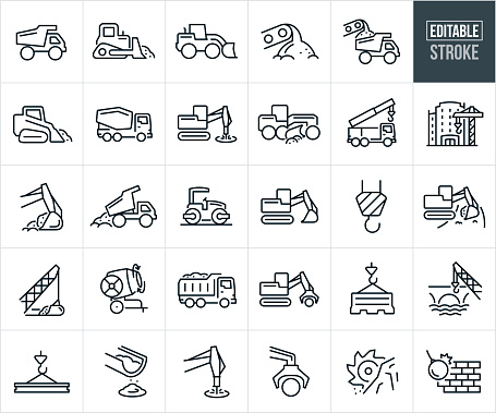 A set of construction machinery and heavy equipment icons that include editable strokes or outlines using the EPS vector file. The icons include a dump truck, bulldozer pushing dirt, front loader, conveyor belt with gravel, dump truck being loaded, cement truck, excavator, road grader, construction crane, excavator arm with dirt, dump truck dumping dirt, drum roller compacting road, crane hook, cement mixer, road barrier, wrecking all and other related icons.