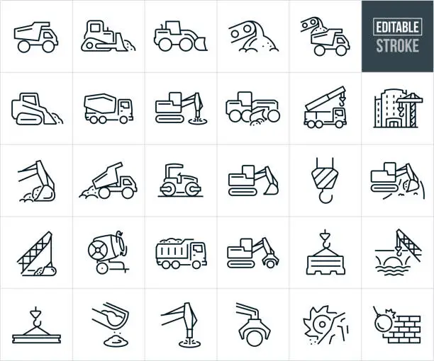 Vector illustration of Construction Machinery And Heavy Equipment Icons - Editable Stroke