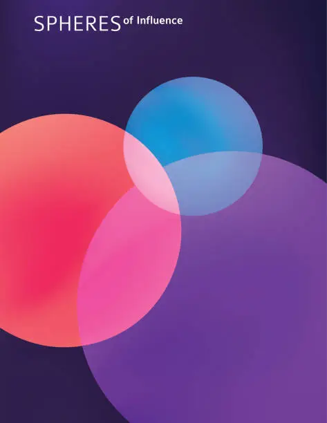 Vector illustration of Spheres of influence. Overlapping amaranth, purple and blue circles
